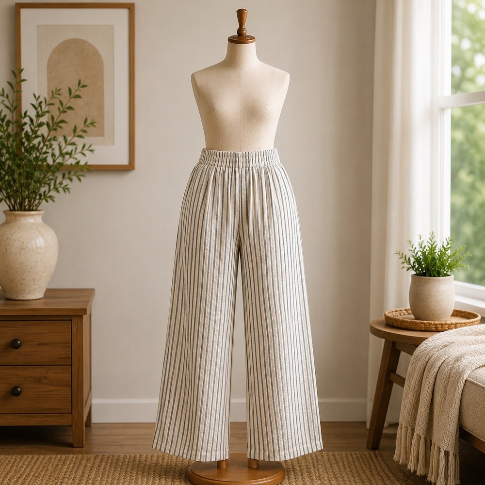 NWT Cupshe Wide Leg Pants Women S Cream Black Striped Elastic Waist Casual Beach